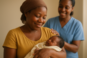 About Mamas Call, Nigerian mother with newborn and caregiver
